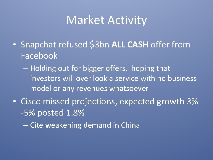 Market Activity • Snapchat refused $3 bn ALL CASH offer from Facebook – Holding