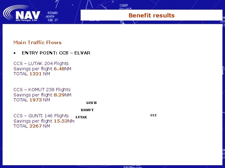 Benefit results Main Traffic Flows • ENTRY POINT: CCS – ELVAR CCS – LUTAK