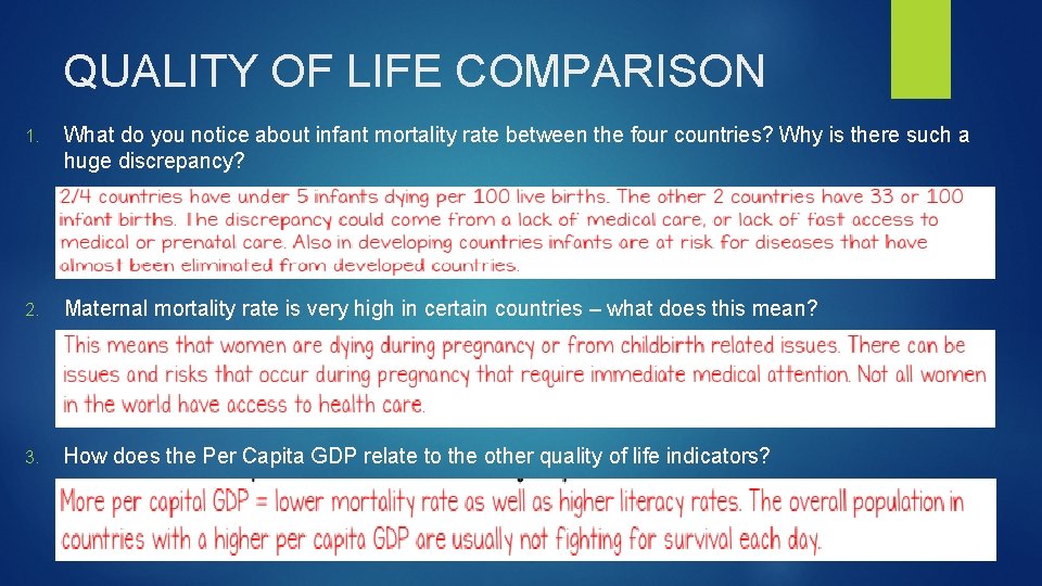 QUALITY OF LIFE COMPARISON 1. What do you notice about infant mortality rate between