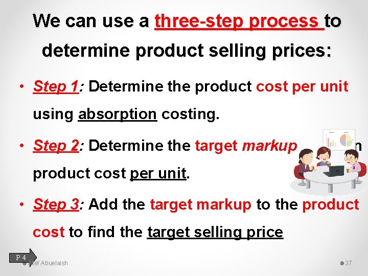 We can use a three-step process to determine product selling prices: • Step 1: