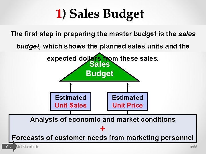 1) Sales Budget The first step in preparing the master budget is the sales