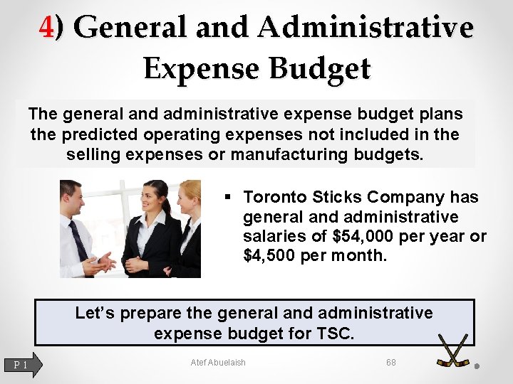 4) General and Administrative Expense Budget The general and administrative expense budget plans the
