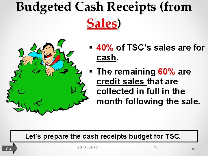 Budgeted Cash Receipts (from Sales) § 40% of TSC’s sales are for cash. §