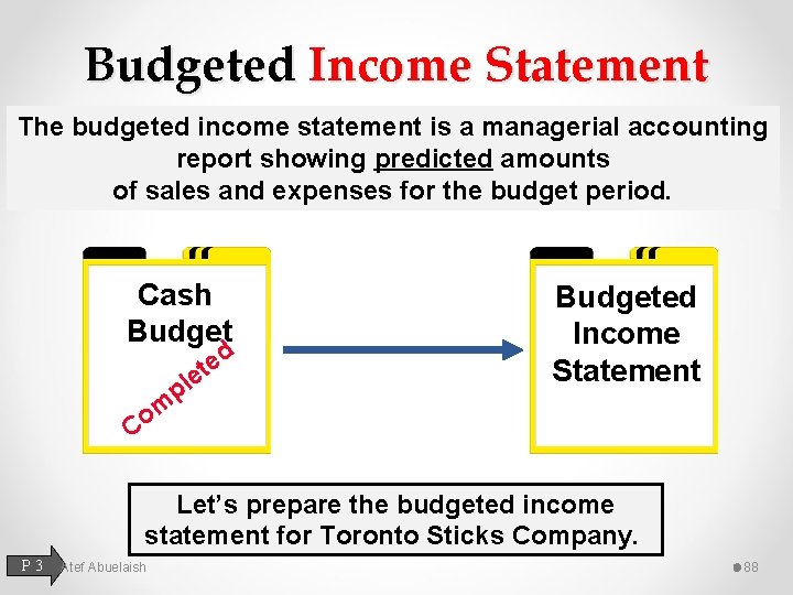 Budgeted Income Statement The budgeted income statement is a managerial accounting report showing predicted