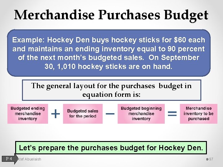 Merchandise Purchases Budget Example: Hockey Den buys hockey sticks for $60 each and maintains