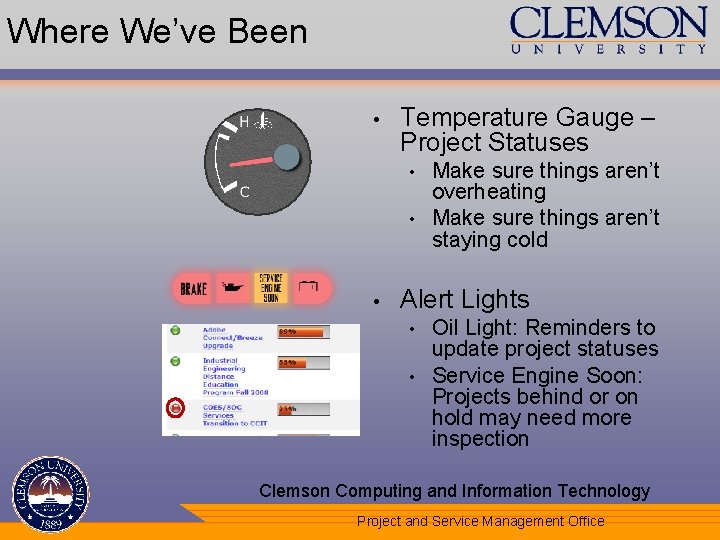 Where We’ve Been • Temperature Gauge – Project Statuses • • • Make sure