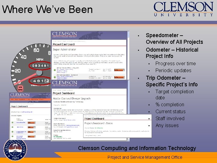 Where We’ve Been • • Speedometer – Overview of All Projects Odometer – Historical