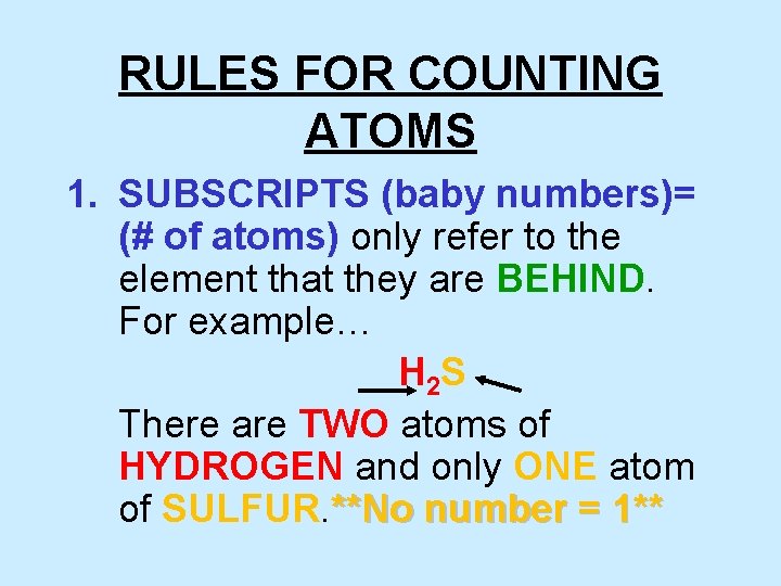 RULES FOR COUNTING ATOMS 1. SUBSCRIPTS (baby numbers)= (# of atoms) only refer to