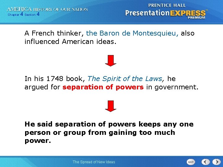 Chapter 4 Section 4 A French thinker, the Baron de Montesquieu, also influenced American