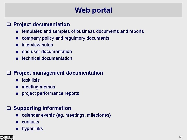 Web portal q Project documentation n n templates and samples of business documents and