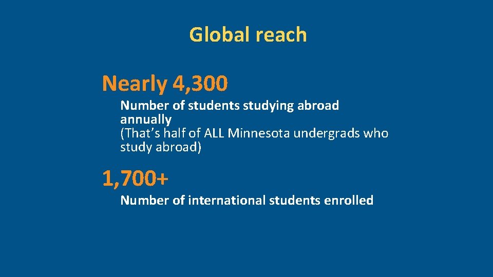 Global reach Nearly 4, 300 Number of students studying abroad annually (That’s half of