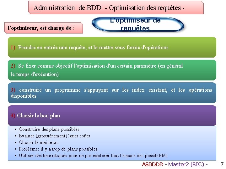 Administration de BDD - Optimisation des requêtes l'optimiseur, est chargé de : L'optimiseur de