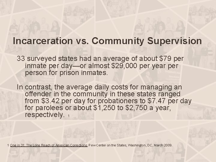 Incarceration vs. Community Supervision 33 surveyed states had an average of about $79 per