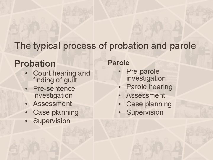 The typical process of probation and parole Probation • Court hearing and finding of