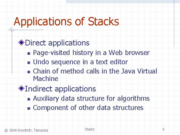 Applications of Stacks Direct applications n n n Page-visited history in a Web browser