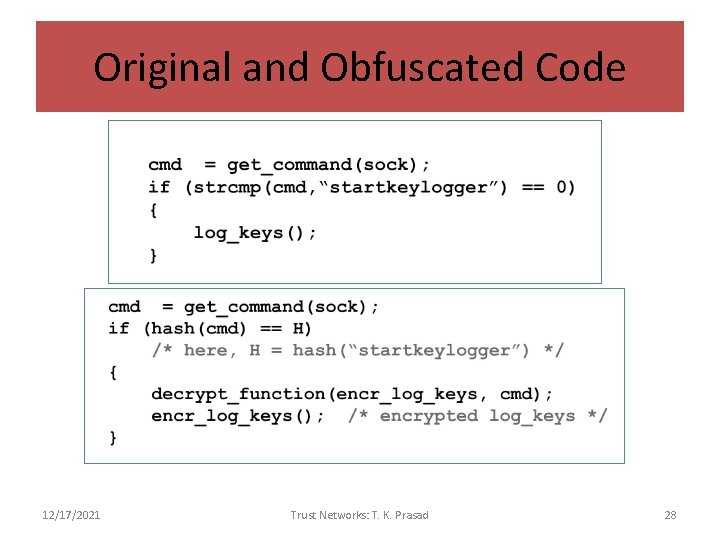 Original and Obfuscated Code 12/17/2021 Trust Networks: T. K. Prasad 28 