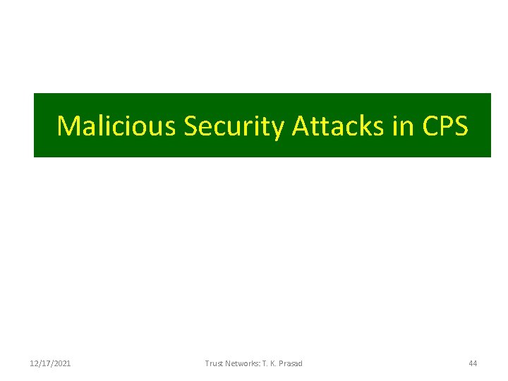 Malicious Security Attacks in CPS 12/17/2021 Trust Networks: T. K. Prasad 44 
