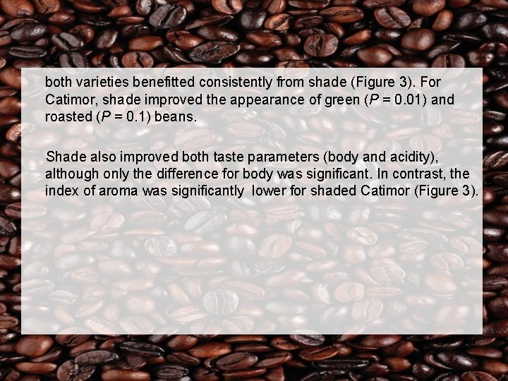 both varieties benefitted consistently from shade (Figure 3). For Catimor, shade improved the appearance