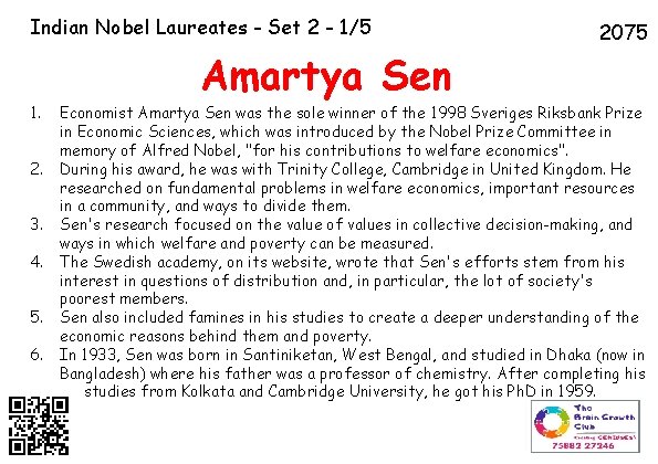 Indian Nobel Laureates - Set 2 - 1/5 Amartya Sen 1. 2. 3. 4.