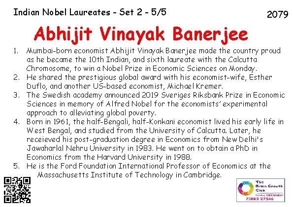 Indian Nobel Laureates - Set 2 - 5/5 Abhijit Vinayak Banerjee 1. 2. 3.