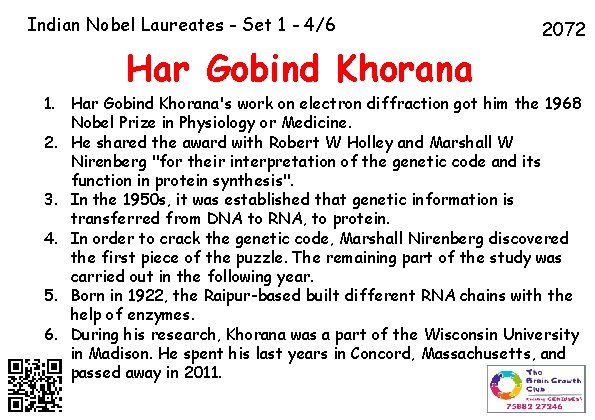 Indian Nobel Laureates - Set 1 - 4/6 Har Gobind Khorana 2072 1. Har