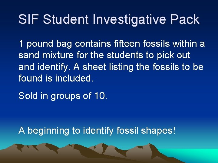 SIF Student Investigative Pack 1 pound bag contains fifteen fossils within a sand mixture