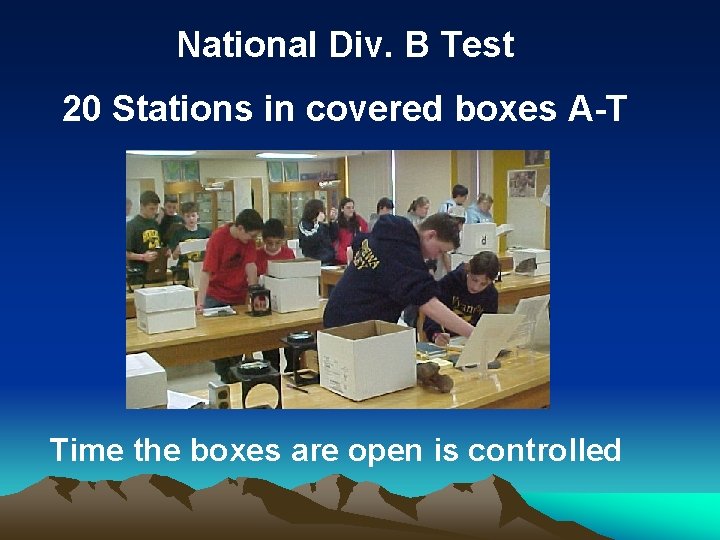 National Div. B Test 20 Stations in covered boxes A-T Time the boxes are