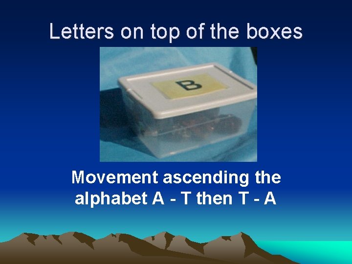 Letters on top of the boxes Movement ascending the alphabet A - T then