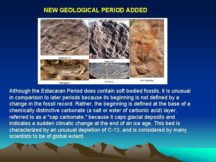 NEW GEOLOGICAL PERIOD ADDED Although the Ediacaran Period does contain soft bodied fossils, it