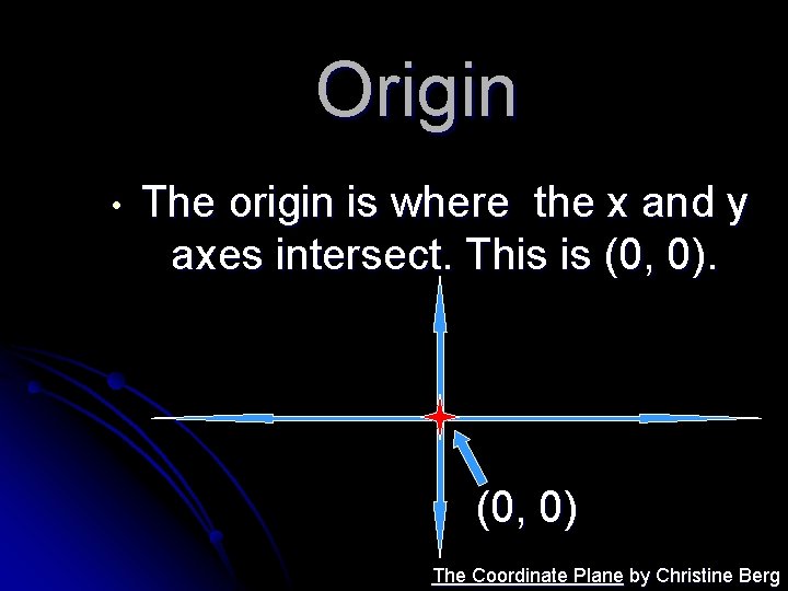 Origin • The origin is where the x and y axes intersect. This is