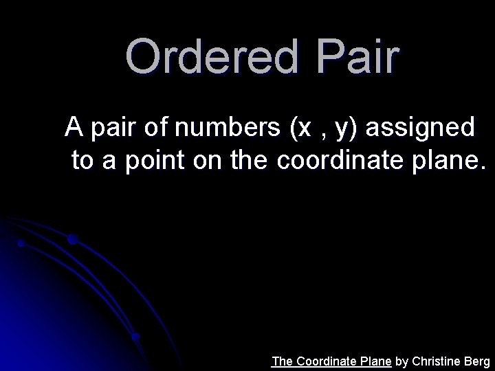 Ordered Pair A pair of numbers (x , y) assigned to a point on