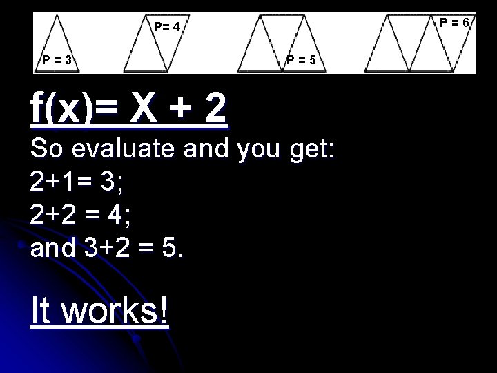 P=6 P= 4 P=3 P=5 f(x)= X + 2 So evaluate and you get: