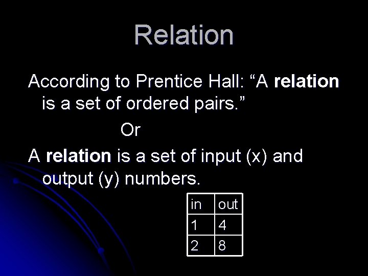 Relation According to Prentice Hall: “A relation is a set of ordered pairs. ”