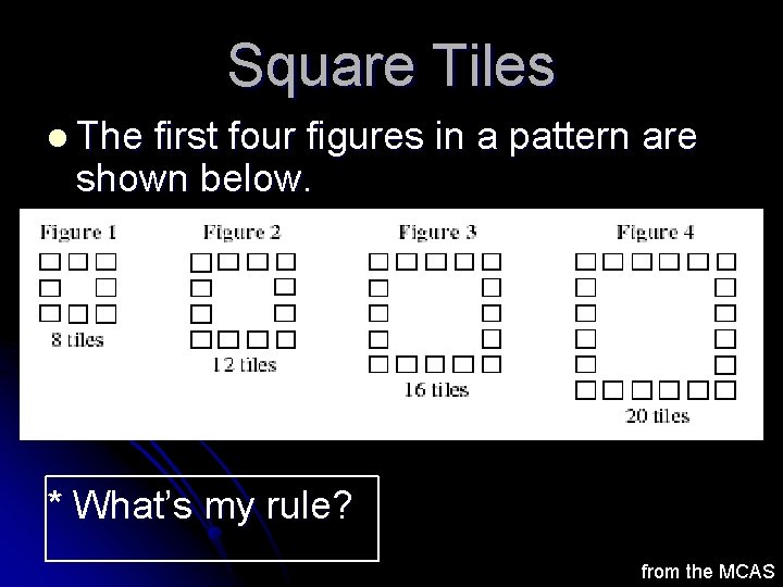 Square Tiles l The first four figures in a pattern are shown below. *