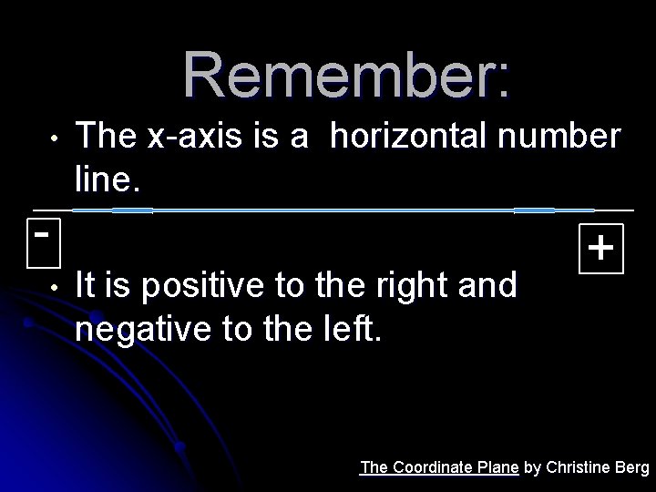 Remember: • The x-axis is a horizontal number line. • It is positive to