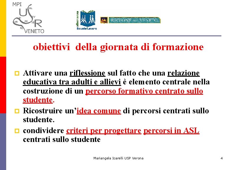 obiettivi della giornata di formazione p p p Attivare una riflessione sul fatto che