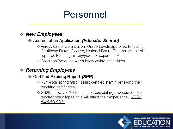 Personnel v New Employees v Accreditation Application (Educator Search) v Find Areas of Certification,