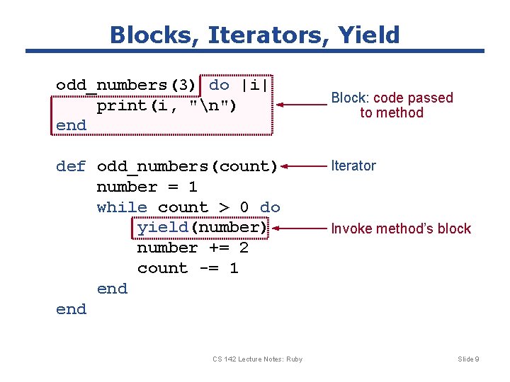 Blocks, Iterators, Yield odd_numbers(3) do |i| print(i, "n") end def odd_numbers(count) number = 1