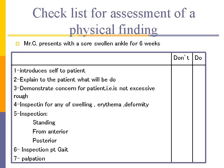 Check list for assessment of a physical finding p Mr. C. presents with a