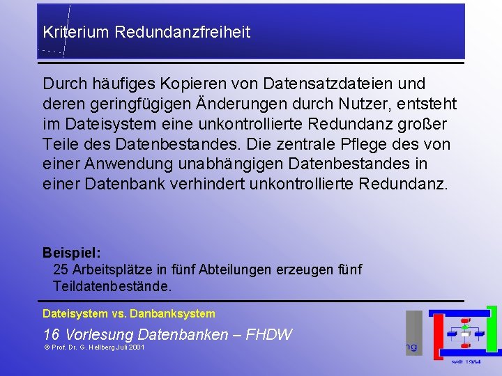 Kriterium Redundanzfreiheit Durch häufiges Kopieren von Datensatzdateien und deren geringfügigen Änderungen durch Nutzer, entsteht