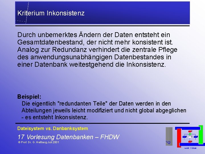 Kriterium Inkonsistenz Durch unbemerktes Ändern der Daten entsteht ein Gesamtdatenbestand, der nicht mehr konsistent