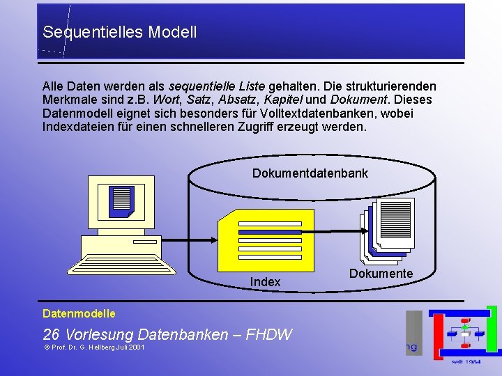 Sequentielles Modell Alle Daten werden als sequentielle Liste gehalten. Die strukturierenden Merkmale sind z.