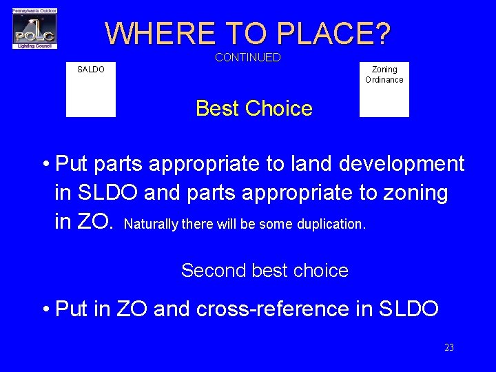 WHERE TO PLACE? CONTINUED SALDO Zoning Ordinance Best Choice • Put parts appropriate to