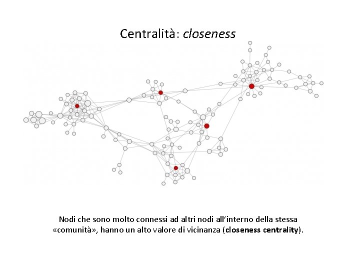 Reti complesse: centralità (vicinanza) Centralità: closeness Nodi che sono molto connessi ad altri nodi