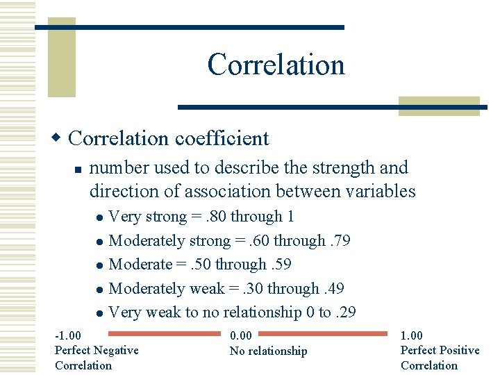 Correlation w Correlation coefficient n number used to describe the strength and direction of