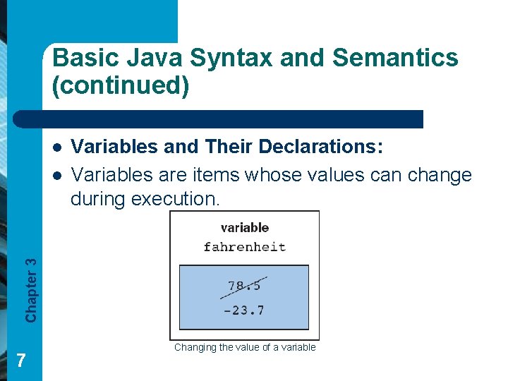 Basic Java Syntax and Semantics (continued) l Chapter 3 l Variables and Their Declarations: Basic Java Syntax and Semantics (continued) l Chapter 3 l Variables and Their Declarations: