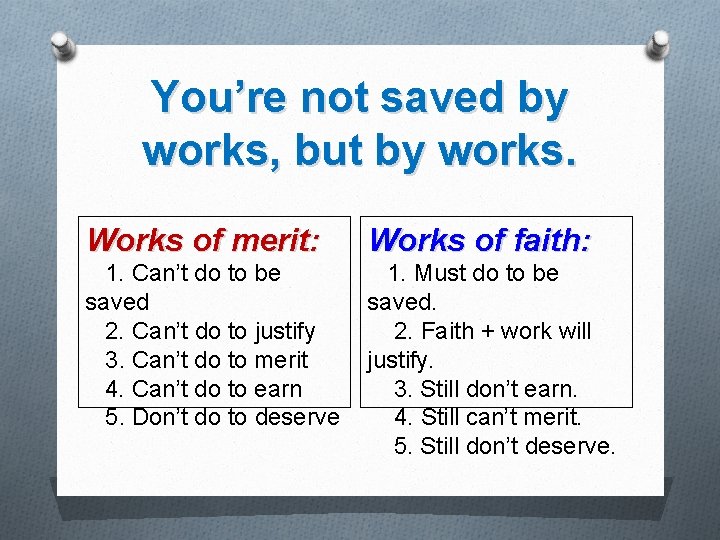 You’re not saved by works, but by works. Works of merit: Works of faith: