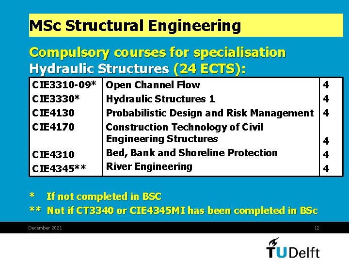 MSc Structural Engineering Compulsory courses for specialisation Hydraulic Structures (24 ECTS): CIE 3310 -09* MSc Structural Engineering Compulsory courses for specialisation Hydraulic Structures (24 ECTS): CIE 3310 -09*