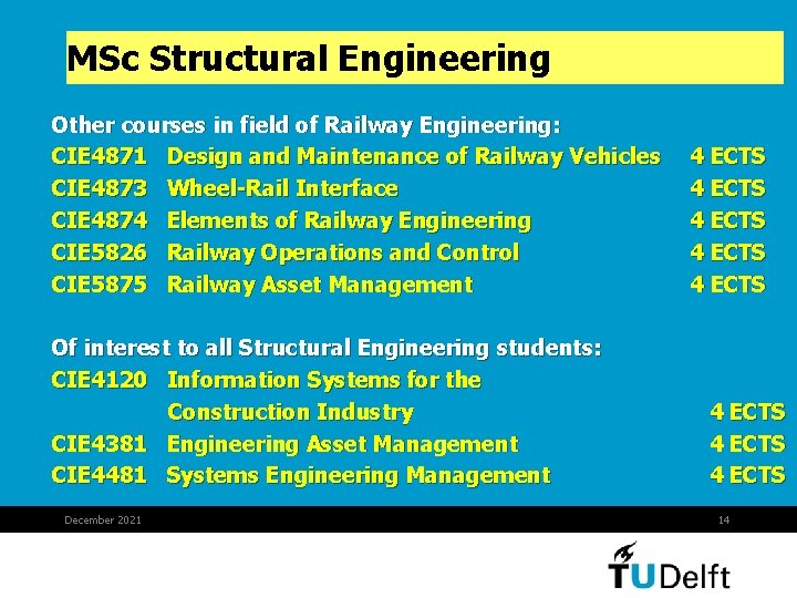 MSc Structural Engineering Other courses in field of Railway Engineering: CIE 4871 Design and MSc Structural Engineering Other courses in field of Railway Engineering: CIE 4871 Design and