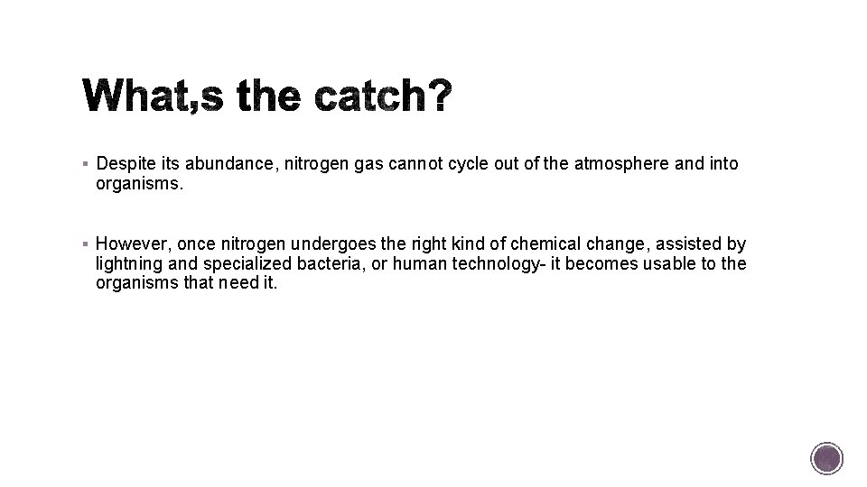 § Despite its abundance, nitrogen gas cannot cycle out of the atmosphere and into § Despite its abundance, nitrogen gas cannot cycle out of the atmosphere and into